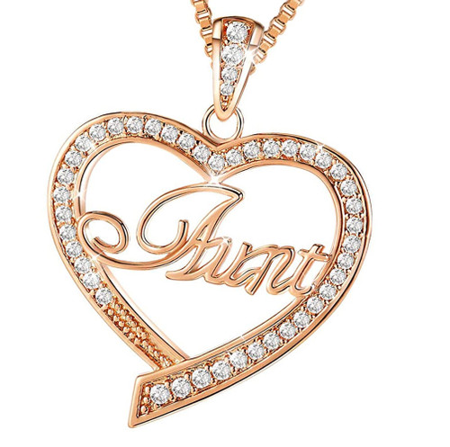 Rose Gold - Aunt Heart Pendant with CZ stones - with 18" Chain Necklace. Gift for Aunt's Birthday or Holiday Gift Jewelry, etc.