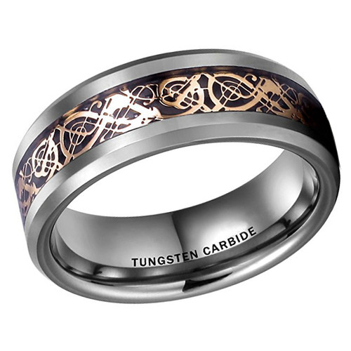 (8mm) Unisex or Men's Tungsten Carbide Wedding Ring Band. Silver Celtic Knot Ring with Rose Gold Resin Inlay.