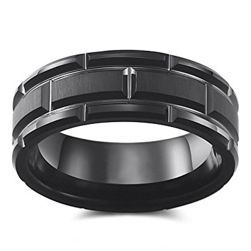(8mm) Unisex or Men's Tungsten Carbide Wedding Ring Band. Black Brick Pattern Comfort Fit Grooved Ring.