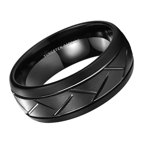 (8mm) Unisex or Men's Black Ring with Hatch Mark Grooves Tungsten Carbide Wedding Ring Band with Beveled Edges. Comfort Fit