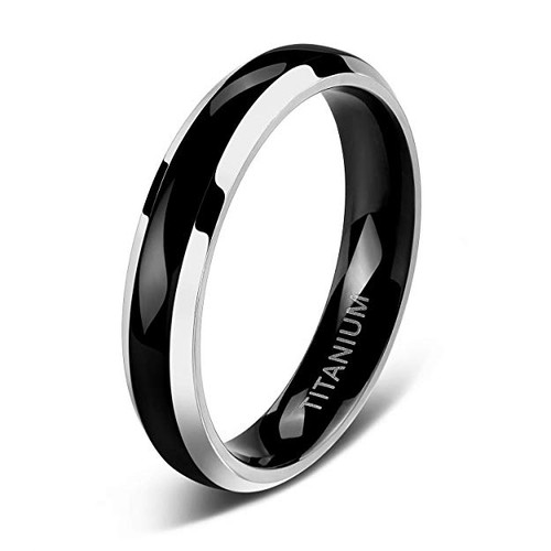 (4mm) Women's Black Titanium Ring Duo Tone Silver Edges. High Polish Finish. Comfort Fit and Light Weight.