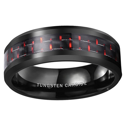 (8mm) Unisex or Men's Tungsten Carbide Wedding Ring Band. Black Ring with Red Carbon Fiber Inlay.