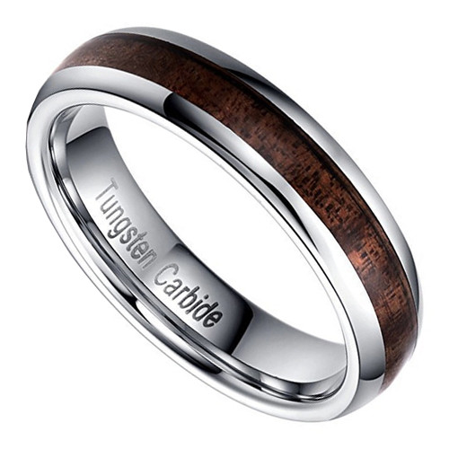(5mm) Unisex or Women's Koa Wood Inlay Silver Tone Tungsten Carbide Wedding Ring Band. Comfort Fit