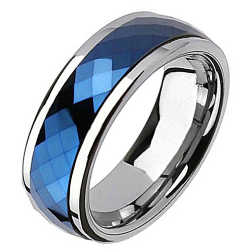 (8mm) Unisex or Men's Tungsten Carbide Wedding Ring Bands. Silver band with Blue Diamond Faceted Center Design. High Polished, Domed Top Ring.