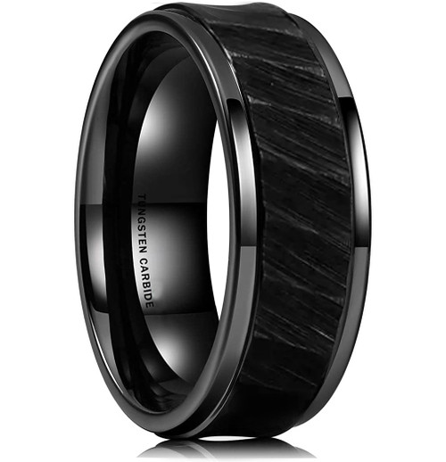 (8mm) Unisex or Men's Black Hammered Finish Tungsten Carbide Wedding Ring Band with Beveled Edges.