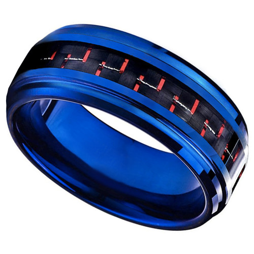 (8mm) Unisex or Men's Titanium Wedding Ring Band. Blue Band with Red and Black Carbon Fiber Inlay. Comfort Fit Ring.