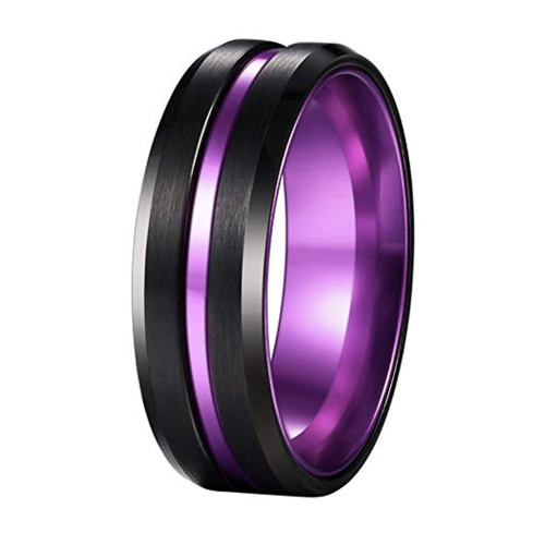 (8mm) Unisex or Men's Wedding Tungsten Carbide Wedding Ring Band. Black and Purple Groove. Matte Finish with Beveled Edges