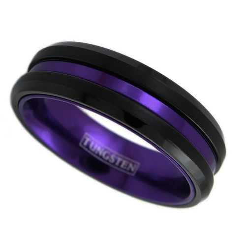 (6mm) Unisex or Women's Black with Duo Tone Purple. Grooved Matte Finish Tungsten Carbide Wedding Ring Band with Beveled Edges