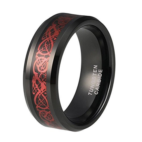 (8mm) Unisex or Men's Tungsten Carbide Wedding Ring Band. Black Resin Inlay All Red Celtic Knot Ring