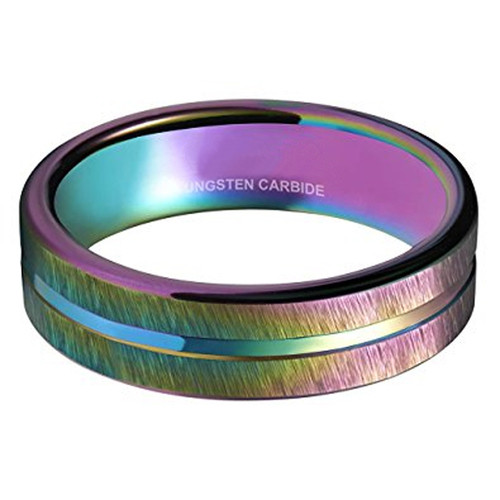 (4mm) Women's Tungsten Carbide Wedding Ring Band. Rainbow Anodized Flat Top Grooved Ring. 