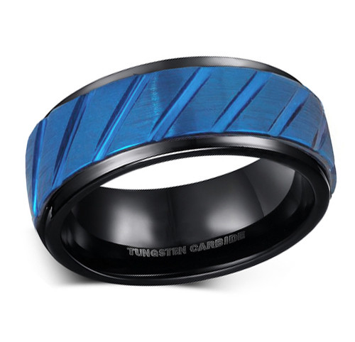 (8mm) Unisex or Men's Tungsten Carbide Wedding Ring Bands. Duo Tone Black and Blue Diagonal Groove Tread Top Ring.