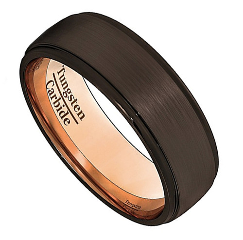 (8mm) Unisex or Men's Tungsten Carbide Wedding Ring Band. Brown Band with Matte Top  and Rose Gold High Polish Finish Inside. Beveled Edge and Comfort Fit.