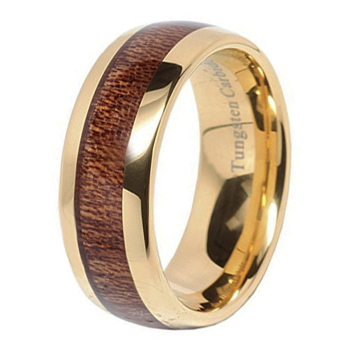 (8mm) Unisex or Men's Tungsten Carbide Wedding Ring Bands. 14K Yellow Gold Band with Wood Inlay. High Polish Domed Top Ring.