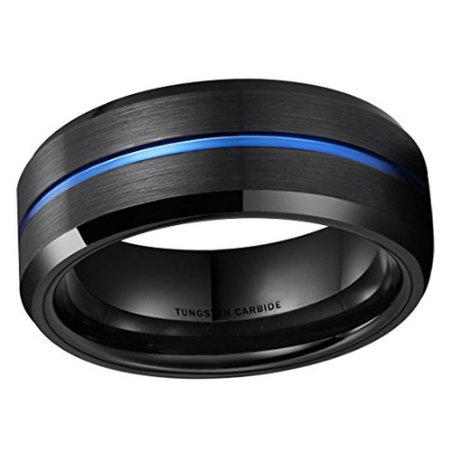 (8mm) Unisex or Men's Tungsten Carbide Wedding Ring Band. Black Matte Finish with Blue Line Groove. Beveled Edge Ring.