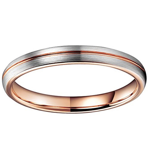(3mm) Unisex or Women's Tungsten Carbide Wedding Ring Band. Matte Finish Gray / Silver and Rose Gold Ring with Groove. Domed Top, Brushed Style and Comfort Fit.