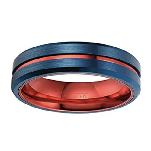 (6mm) Unisex or Women's Tungsten Carbide Wedding Ring Band. Blue Band with Red Line Groove. Matte Finish and Beveled Edges.