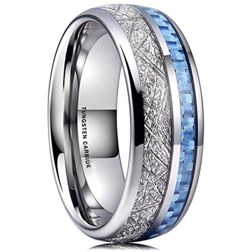 (8mm) Unisex, Women's or Men's Tungsten Carbide Wedding ring band. Domed Silver Band with Blue Carbon Fiber and Inspired Meteorite Inlay Ring