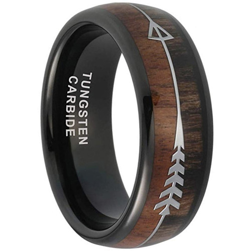 8mm - Unisex or Men's Tungsten Wedding Bands. Black Cupid's Arrow over Wood Inlay. Tungsten Ring with High Polish Dark Wood Inlay. Domed Top Ring.