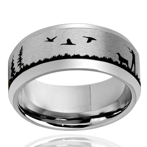 (9mm)  Unisex or Men's Hunting Ring - Bird / Duck Hunting Wedding ring band. Silver Titanium Band with Etched Silhouette. Hunter's Wedding ring band Comfort Fit Ring