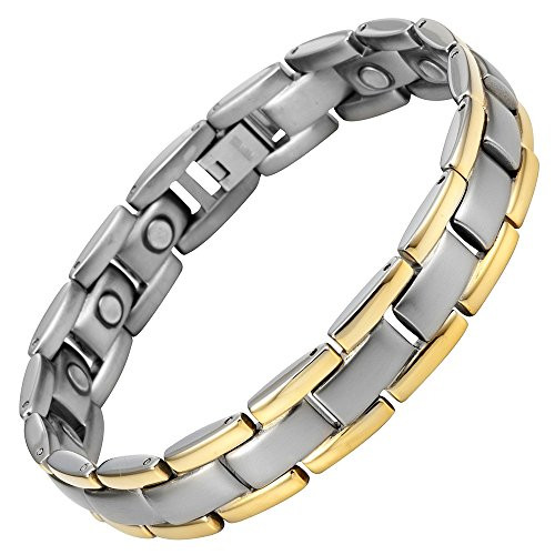 8.5" Inch Length - Men's Titanium Magnetic Bracelet - Silver and Gold Two Tone Adjustable