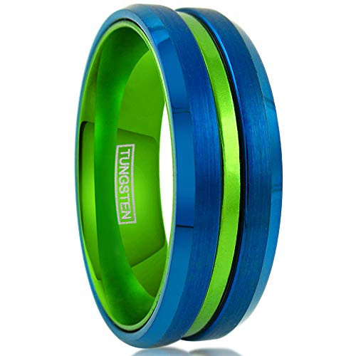 (8mm)  Unisex or Men's Tungsten Carbide Wedding ring band. Blue with Green Groove. Matte Finish Tungsten Carbide Ring. Beveled Edge