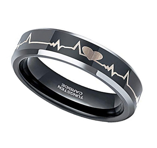 (6mm)  Unisex or Women's EKG Heartbeat Wedding ring band. Black Tungsten Carbide with Silver Tone Edges. Laser Etched Heart Life-line. Comfort Fit Ring