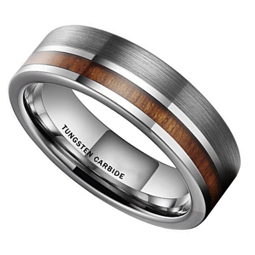 (7mm)  Unisex or Men's Wedding Tungsten Carbide Wedding ring band. Silver and Gray Band with Wood Inlay. Comfort Fit Tungsten Carbide Ring.