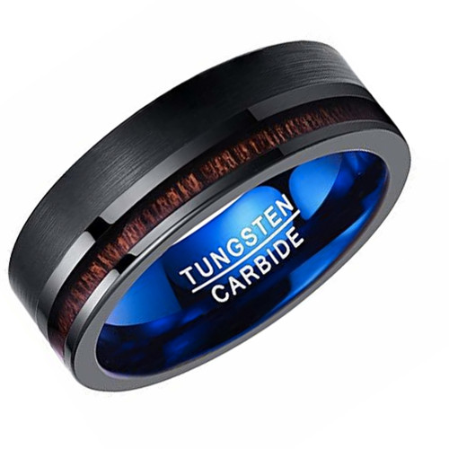 (8mm)  Unisex or Men's Wedding Tungsten Carbide Wedding ring band. Black and Blue Band with Koa Wood Slice Inlay. Flat Edged Tungsten Carbide Ring. Comfort Fit Brushed Tungsten Carbide Wedding Ring