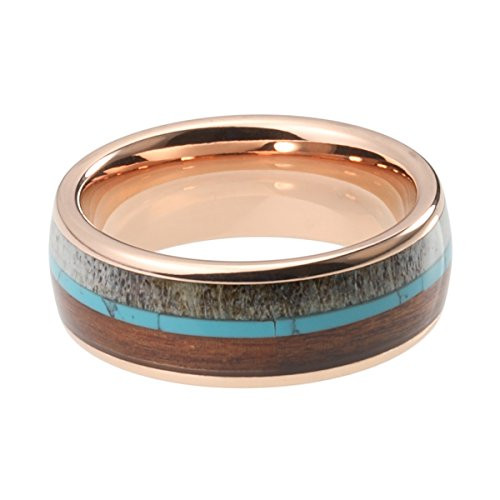 (8mm)  Unisex or Men's Wedding Tungsten Carbide Wedding ring band. Rose Gold Band with Blue Calaite Turquoise, White Antler and Wood Inlay. Comfort Fit Tungsten Carbide Domed Top Ring