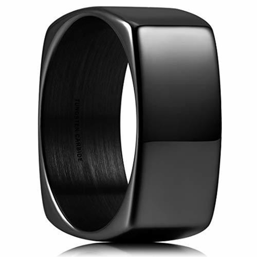 (8mm)  Unisex or Men's Black Steel Wedding Ring. Black High Polished Unique Square Shape Comfort Fit Band