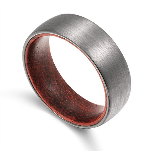 (8mm)  Unisex or Mens Tungsten Carbide Ring. Matte Finish Silver / Gray Domed Wedding ring band with Dark Wood Interior Comfort Fit
