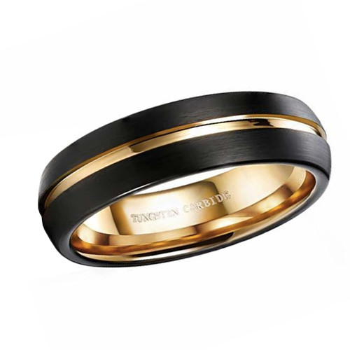 (6mm)  Unisex or Women's Tungsten Carbide Wedding ring band. Black and 14K Yellow Gold Grooved Top and Inside. Matte Finish Tungsten Carbide Ring with Beveled Edges