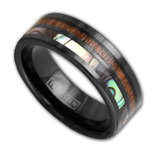 (8mm)  Unisex or Men's Wedding Tungsten Carbide Wedding ring band. Black Band - Rainbow Abalone Shell & Wood Inlay. Flat Edged Tungsten Carbide Ring. Comfort Fit Brushed Tungsten Carbide Wedding Ring