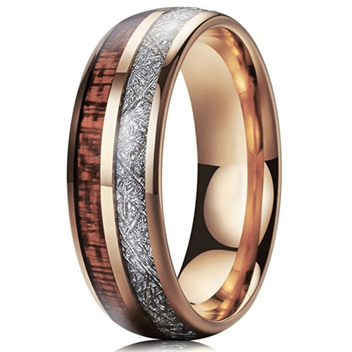 (8mm)  Unisex or Men's Wedding Tungsten Carbide Wedding ring band. Rose Gold Tungsten Carbide Band with Wood Inlay and Inspired Meteorite. Domed Tungsten Carbide Ring. Comfort Fit