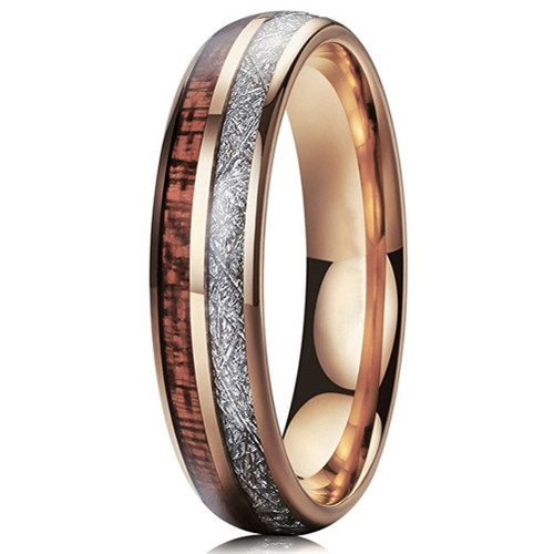 (6mm)  Unisex or Women's Wedding Tungsten Carbide Wedding ring band. Rose Gold Tungsten Carbide Band with Wood Inlay and Inspired Meteorite. Domed Tungsten Carbide Ring. Comfort Fit