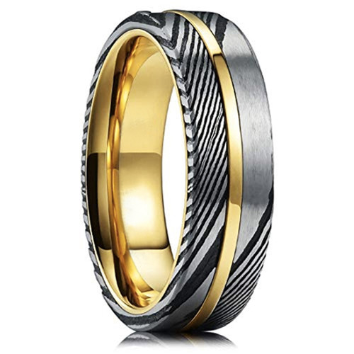 SHlPS Free (6mm) Women's Real Damascus Steel Silver Black and 14K Gold Stripe Inlay Wedding Ring Flat Style