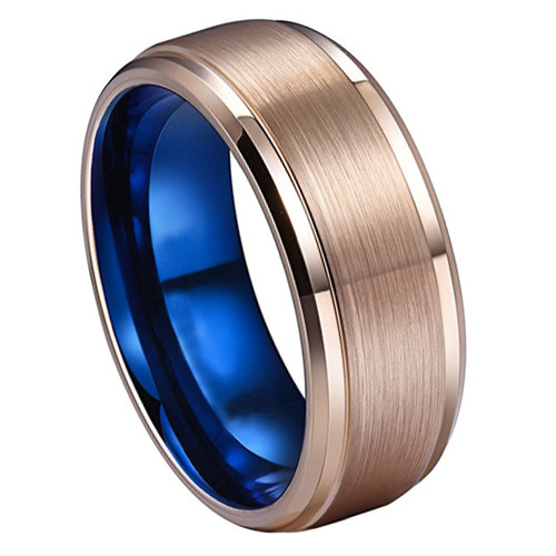 8mm Unisex Or Mens Rose Gold With Inner Blue Tungsten Carbide Wedding Ring Bands Comfort Fit 