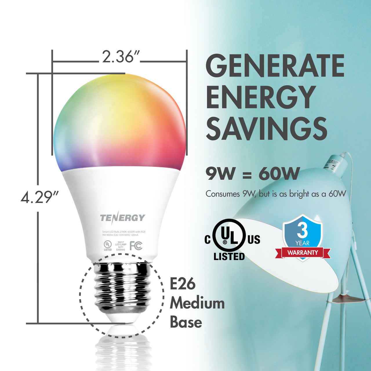 Tenergy Smart WiFi Light Bulb with White and Color Ambiance
