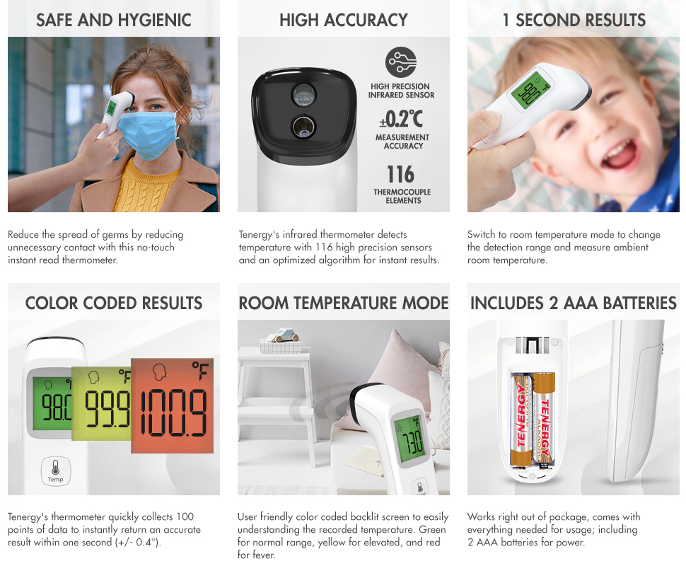 Tenergy No-Contact Infrared Forehead Thermometer, FDA Cleared