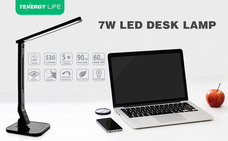 Tenergy 11W Dimmable LED Desk Lamp with Built-in USB Charging Port