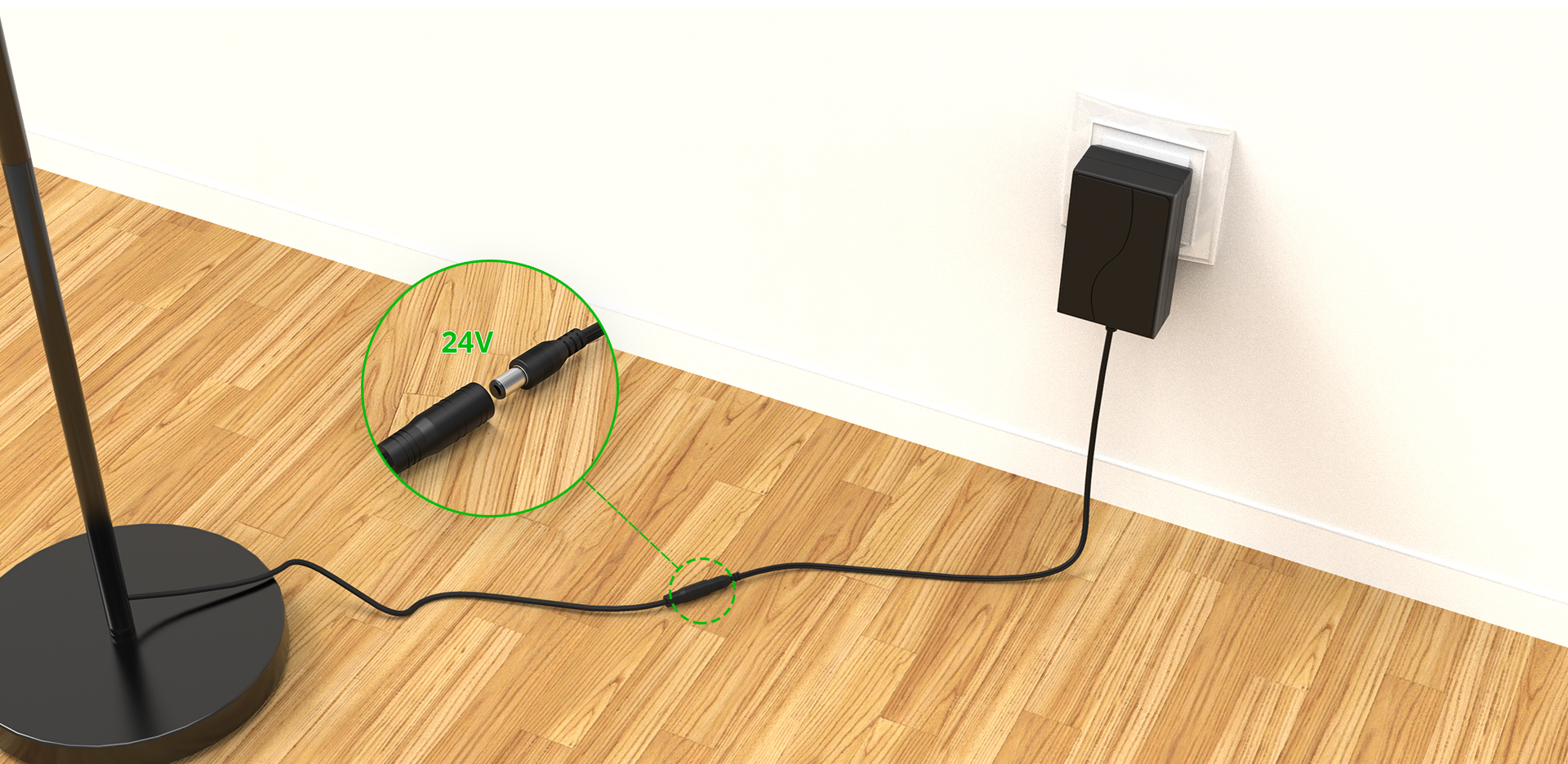 The two-part power cord design prevents tripping and the adapter is UL-certified.