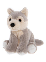 A grey and cream wolf cub plush toy sits upright against a white background, featuring brown glassy eyes, a black nose, and white paw accents.