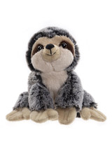 A grey and beige sloth plush teddy bear sits upright facing forward, with long arms spread wide, big glossy eyes, and a gentle smile, against a white background.