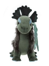 A dark green dragon-unicorn plush toy sits against a white background, featuring a twisted horn, blue accents, spinal ridge, long tail, and shimmery teal ribbon mane.