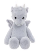 A soft grey plush dragon teddy bear sits upright against a white background, featuring small wings, a pointed tail, tiny horns, and shiny black eyes.