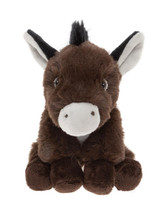 A dark brown donkey plush toy sits upright against a white background, featuring a black mane, white muzzle, large ears, and a small black tail.