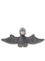 A grey plush pterodactyl teddy bear with outstretched wings, smiling face, and stubby feet, posed against a plain white background.