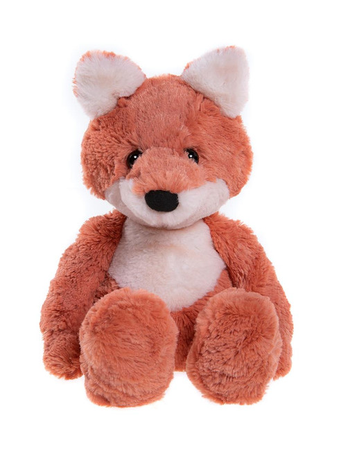 A plush fox teddy bear sits upright against a white background. It features orange-brown fur, a cream belly and ear inners, black button eyes, and a black velvet nose.