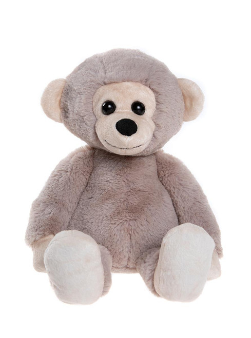 A grey plush monkey teddy bear sits upright against a white background, featuring large black eyes, a beige muzzle, and cream-coloured paws and feet.