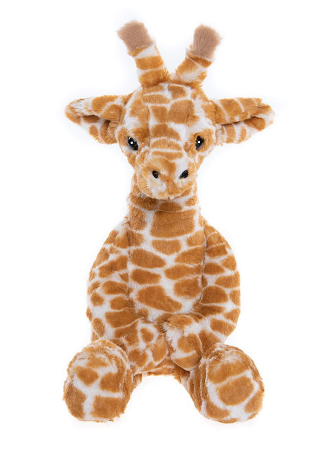 A plush giraffe stuffed animal sits upright against a white background, featuring tan and white spotted fur, small ossicones, large ears, and shiny black eyes.